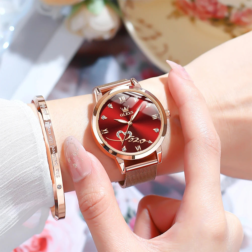 OLEVS 5530 Top Original Women's Watches Elegant Rose Gold Mesh Strap Fashion Heart Design Waterproof Quartz WristWatch for Women