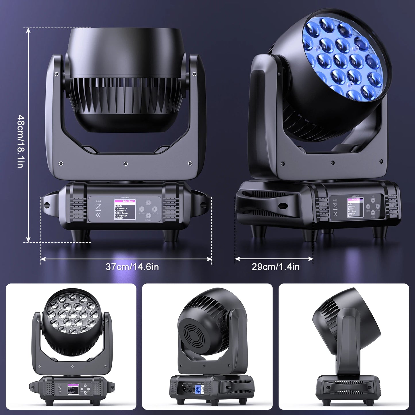 Yiflamefly Moving Head Lights With19PCS 15W 4-in-1 LED DMX512 Stage Light For DJ Karaoke Dance Hall KTV Disco Bar Stage Lighting