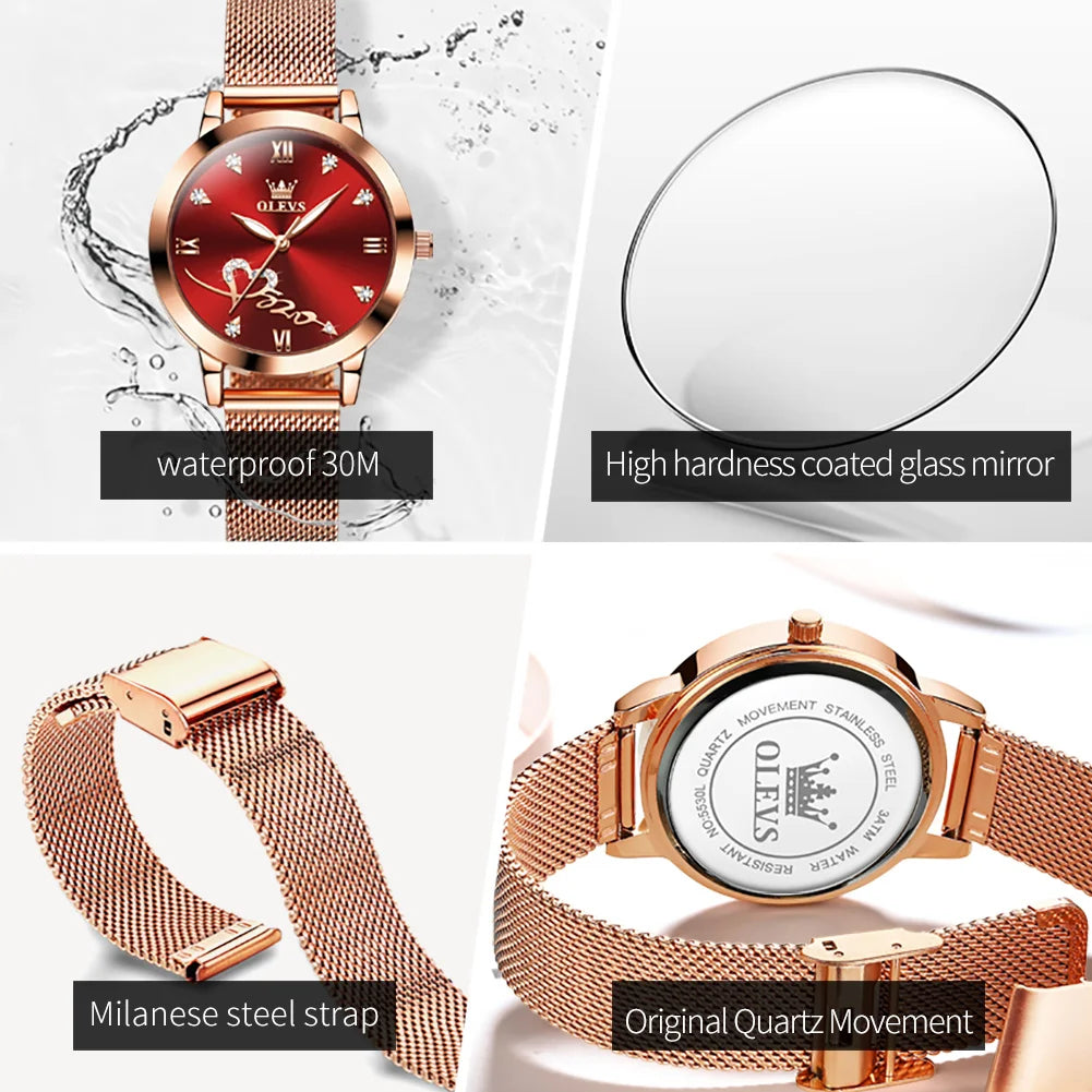 OLEVS 5530 Top Original Women's Watches Elegant Rose Gold Mesh Strap Fashion Heart Design Waterproof Quartz WristWatch for Women