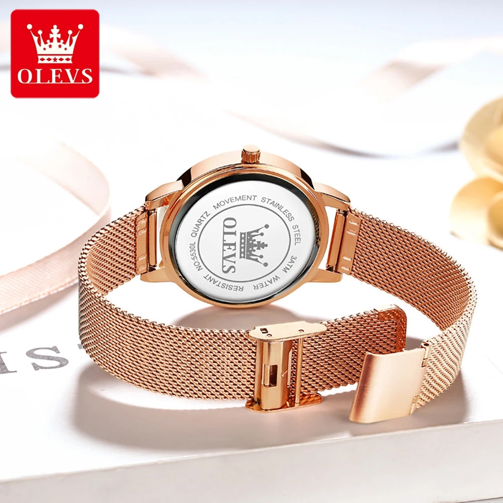 OLEVS 5530 Top Original Women's Watches Elegant Rose Gold Mesh Strap Fashion Heart Design Waterproof Quartz WristWatch for Women