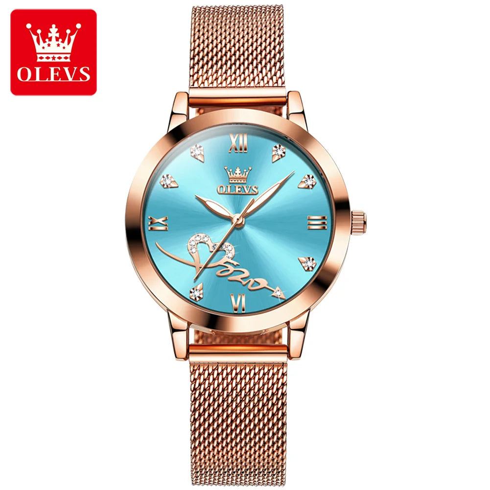 OLEVS 5530 Top Original Women's Watches Elegant Rose Gold Mesh Strap Fashion Heart Design Waterproof Quartz WristWatch for Women