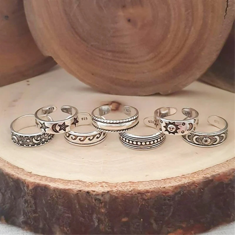 European And American Retro Carved Hollow Multi-element 7-piece Open Foot Ring Set Foot Rings For Women