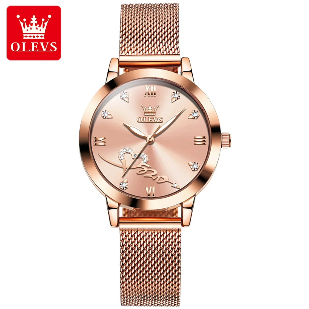 OLEVS 5530 Top Original Women's Watches Elegant Rose Gold Mesh Strap Fashion Heart Design Waterproof Quartz WristWatch for Women