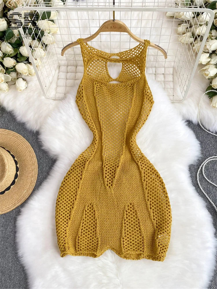 SINGREINY Yellow Sleeveless Jumpsuit Women Hollow Out O Neck Elegant Stretch Transparent Ladies Casual Summer Slim Rompers