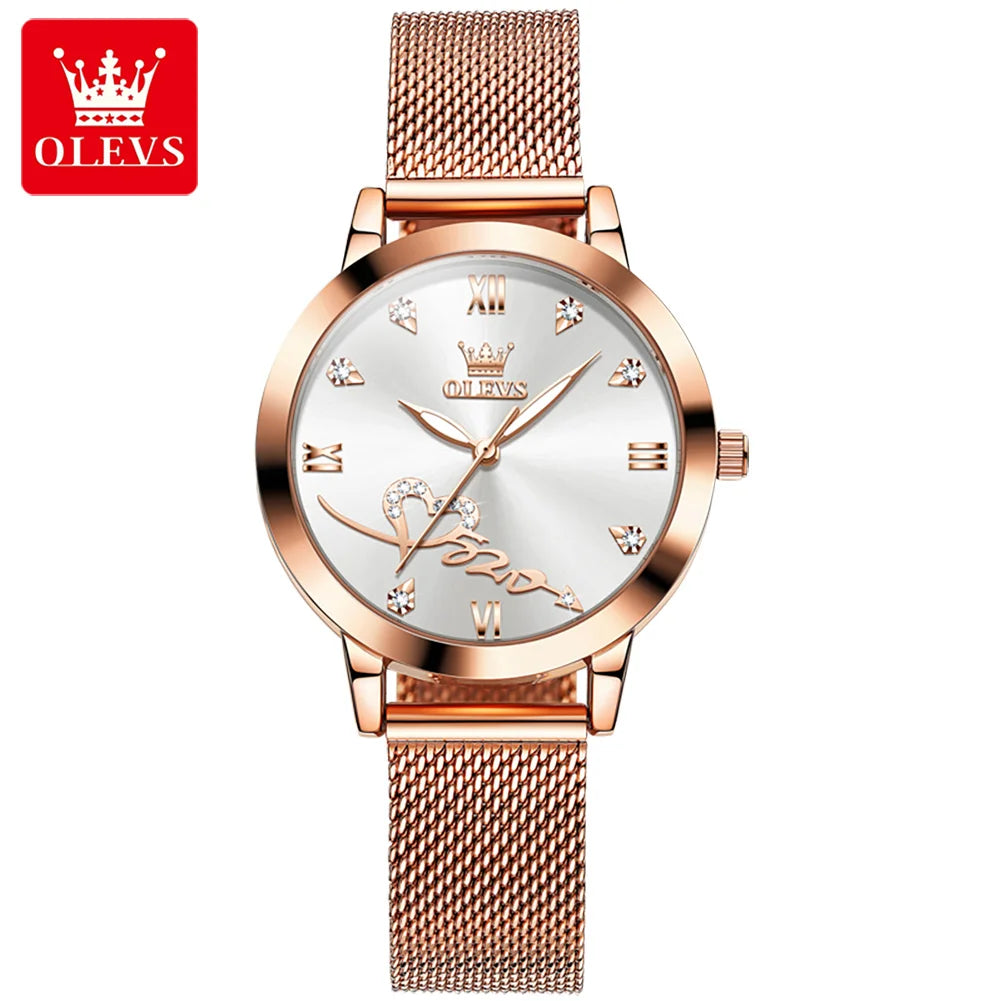 OLEVS 5530 Top Original Women's Watches Elegant Rose Gold Mesh Strap Fashion Heart Design Waterproof Quartz WristWatch for Women