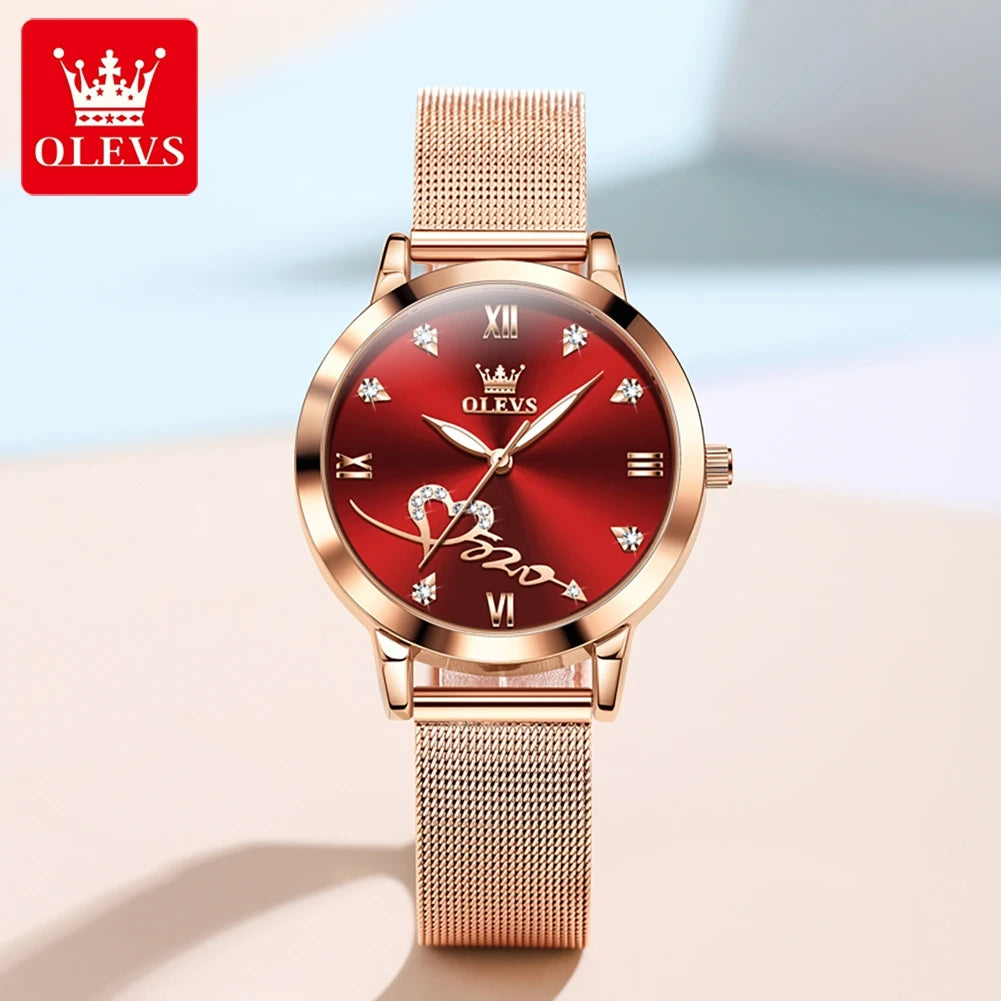 OLEVS 5530 Top Original Women's Watches Elegant Rose Gold Mesh Strap Fashion Heart Design Waterproof Quartz WristWatch for Women