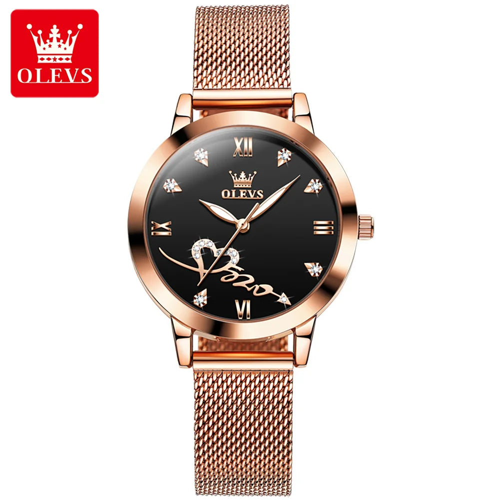 OLEVS 5530 Top Original Women's Watches Elegant Rose Gold Mesh Strap Fashion Heart Design Waterproof Quartz WristWatch for Women