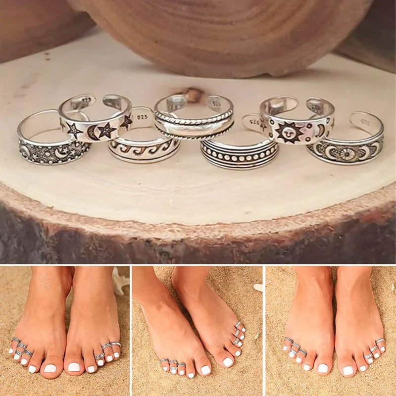 European And American Retro Carved Hollow Multi-element 7-piece Open Foot Ring Set Foot Rings For Women